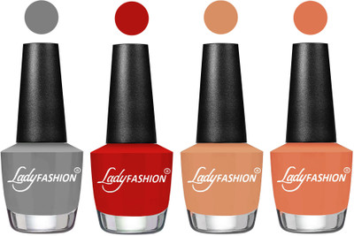 

Lady Fashion Most Alluring High Gloss Effect Matte Nail Polish Combo ( Set of 4 ) Grey, Orange, Camel Fantasy,Flirty Nude(Pack of 4)