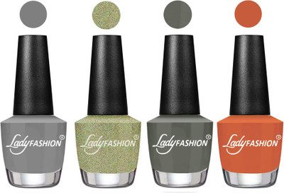 

Lady Fashion Most Alluring High Gloss Effect Matte Nail Polish Combo ( Set of 4 ) Grey, Aqua, Dark Grey , Almond(Pack of 4)