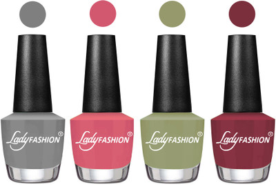 

Lady Fashion Most Alluring High Gloss Effect Matte Nail Polish Combo ( Set of 4 ) Grey, Violine Dawn, Magic Nude, Mauve(Pack of 4)