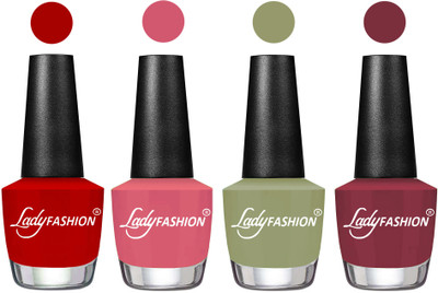 

Lady Fashion Most Alluring High Gloss Effect Matte Nail Polish Combo ( Set of 4 ) Red, Violine Dawn, Magic Nude, Mauve(Pack of 4)