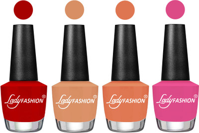 

Lady Fashion Most Alluring High Gloss Effect Matte Nail Polish Combo ( Set of 4 ) Red, Camel Fantasy, Flirty Nude, Magenta(Pack of 4)