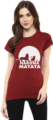 Aseria Printed Women Round Neck Maroon T-Shirt
