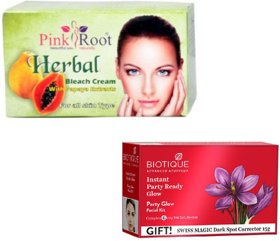 

Pink Root HERBAL BLEACH 250GM WITH BIOTIQUE PARTY GLOW FACIAL KIT 65GM(Set of 2)