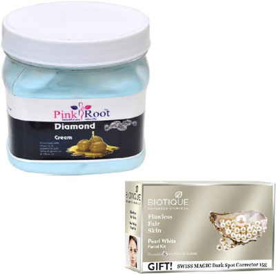 

Pink Root DIAMOND CREAM 400GM WITH BIOTIQUE PEARL WHITE FACIAL KIT 65GM(Set of 2)