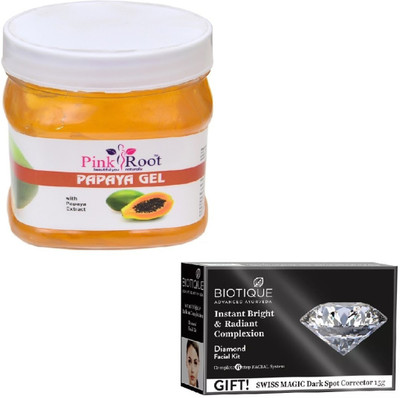 

Pink Root PAPAYA GEL 400GM WITH BIOTIQUE DIAMOND FACIAL KIT 65GM(Set of 2)