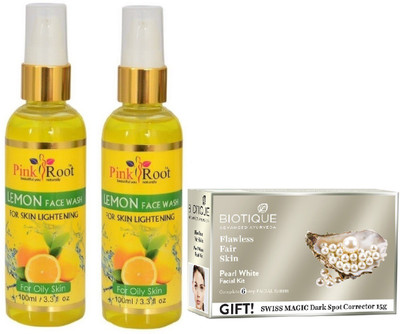 

Pink Root LEMON FACE WASH 2 PCS WITH PEARL WHITE FACIAL KIT 65GM(Set of 3)
