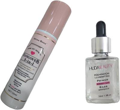 

Miss Boss hb foundation primer 30ml and kb hangover 3 in 1 replinishing primer & setting spray Primer - 120 ml combo(Set of 2)