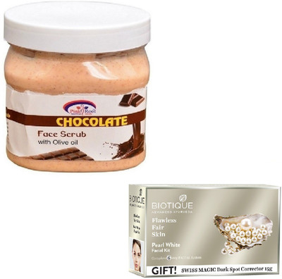 

Pink Root CHOCOLATE SCRUB 400GM WITH BIOTIQUE PEARL WHITE FACIAL KIT 65GM(Set of 2)