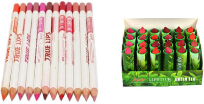 

Miss Boss 24 green tea lipstick and liner set of 12 multicolor truelips pencil combo(Set of 2)