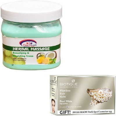 

Pink Root HERBAL MASSAGE CREAM 400GM WITH BIOTIQUE PEARL WHITE FACIAL KIT 65GM(Set of 2)