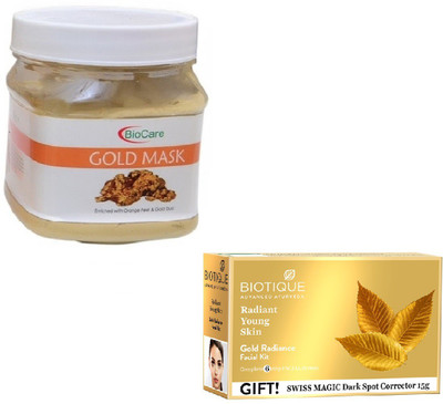 

Biocare GOLD MASK 500GM WITH BIOTIQUE GOLD RADIANCE FACIAL KIT 65GM(Set of 2)