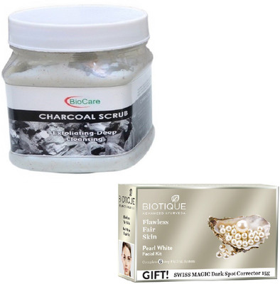 

Biocare CHARCOAL SCRUB 500GM WITH PEARL WHITE FACIAL KIT 65GM(Set of 2)
