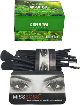 

Miss Boss 24 green tea lipstick and 12 black makeup brushes combo(Set of 2)