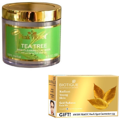 

Pink Root TEA TREE MASK 100GM WITH BIOTIQUE GOLD RADIANCE FACIAL KIT 65GM(Set of 2)