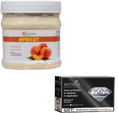 

Biocare APRICOT SCRUB 500GM WITH BIOTIQUE DIAMOND FACIAL KIT 65GM(Set of 2)