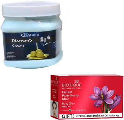 

Biocare DIAMOND CREAM 500GM WITH BIOTIQUE PARTY GLOW FACIAL KIT 65GM(Set of 2)
