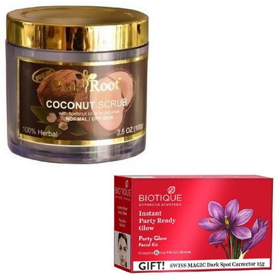 

Pink Root COCONUT SCRUB 100GM WITH BIOTIQUE PARTY GLOW FACIAL KIT 65GM(Set of 2)