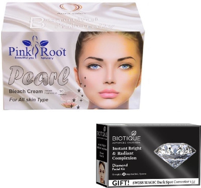 

Pink Root PEARL BLEACH 250GM WITH BIOTIQUE DIAMOND FACIAL KIT 65GM(Set of 2)