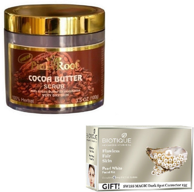 Pink Root COCOA BUTTER SCRUB 100GM WITH BIOTIQUE PEARL WHITE FACIAL KIT 65GM(Set of 2)