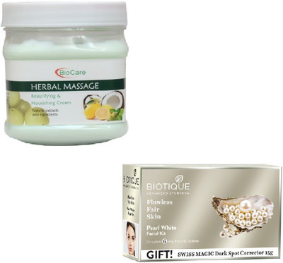 

Biocare HERBAL MASSAGE CREAM 500GM WITH BIOTIQUE PEARL WHITE FACIAL KIT 65GM(Set of 2)