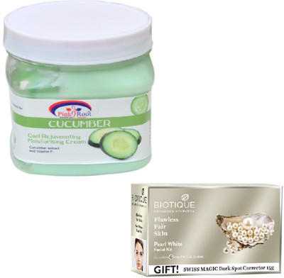 

Pink Root CUCUMBER CREAM 400GM WITH BIOTIQUE PEARL WHITE FACIAL KIT 65GM(Set of 2)