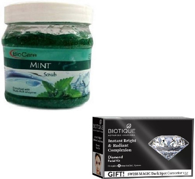 Biocare MINT SCRUB 500GM WITH BIOTIQUE DIAMOND FACIAL KIT 65GM(Set of 2)