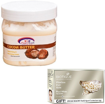 

Pink Root COCOA BUTTER CREAM 400GM WITH BIOTIQUE PEARL WHITE FACIAL KIT 65GM(Set of 2)