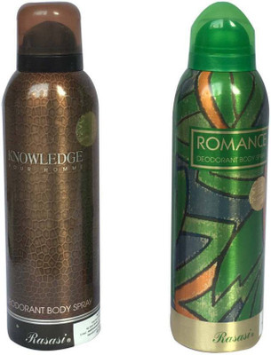 

Rasasi Knowledge Pour Homme & Secret Pour Femme (Pack of 2) Body Spray - For Men & Women Deodorant Spray - For Men & Women(400 ml, Pack of 2)