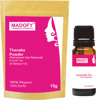 

MADOFY Grade a natural thanaka powder 15gm kusumba oil 15 ml for permanent hair removal whitening anti-aging acne blemish face mask Cream(15 g, Set of 2)