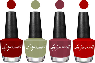 

Lady Fashion Most Alluring High Gloss Effect Matte Nail Polish Combo ( Set of 4 ) Blood Red , Magic Nude, Mauve, Red(Pack of 4)