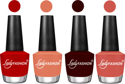 

Lady Fashion Most Alluring High Gloss Effect Matte Nail Polish Combo ( Set of 4 ) Red, Coral, Plum, Ton,(Pack of 4)