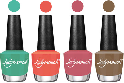 

Lady Fashion Most Alluring High Gloss Effect Matte Nail Polish Combo ( Set of 4 ) Green , Carrot, Nude Pink, Brown Beige(Pack of 4)