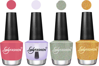 

Lady Fashion Most Alluring High Gloss Effect Matte Nail Polish Combo ( Set of 4 ) Violine Dawn, Top Coat, Silver, Golden(Pack of 4)