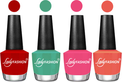 

Lady Fashion Most Alluring High Gloss Effect Matte Nail Polish Combo ( Set of 4 ) Red, Green, Bright Pink, Carrot,(Pack of 4)