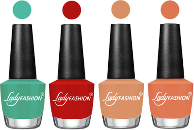 

Lady Fashion Most Alluring High Gloss Effect Matte Nail Polish Combo ( Set of 4 ) Green , Orange, Camel Fantasy, Flirty Nude(Pack of 4)