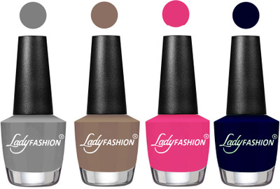 

Lady Fashion Most Alluring High Gloss Effect Matte Nail Polish Combo ( Set of 4 ) Grey, Strawberry, Pink, Blue(Pack of 4)