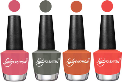 

Lady Fashion Most Alluring High Gloss Effect Matte Nail Polish Combo ( Set of 4 ) Violine Dawn, Dark Grey , Almond, Pumpkin(Pack of 4)