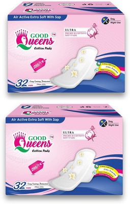 

Good Queens Ultra Thin Premium Cotton Soft Gel Sanitary Pads – 32 Pieces (XL Wings) Sanitary Pad(Pack of 64)