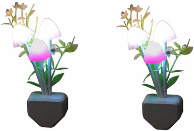 Yutiriti Set Of 2Pc Multicolor LED Mushroom Lamp Flower Leaf Design Color Changing Home DÃ©cor Night Lamp(11 cm, NA)