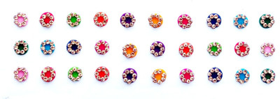 

SJ COLLECTION Multicolor Golden Crystal Stone Round Shape Small Size (H 7 mm x W 7 mm) 30 Forehead Multicolor Bindis(Fancy Design Bindi)