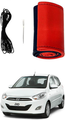 AYW Hand Stiched Steering Cover For Hyundai i10(Red, Black, Leather)