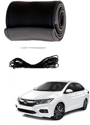 AYW Hand Stiched Steering Cover For Honda New City(Grey, Black, Leather)