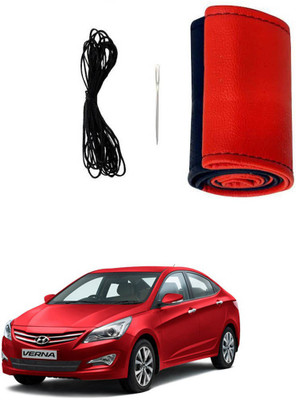 AYW Hand Stiched Steering Cover For Hyundai Verna Fluidic(Red, Black, Leather)
