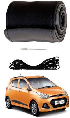AYW Hand Stiched Steering Cover For Hyundai Grand i10(Grey, Black, Leather)