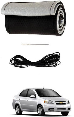 AYW Hand Stiched Steering Cover For Chevrolet Aveo(Black, Silver, Leather)
