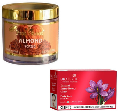 

Pink Root ALMOND SCRUB 100GM WITH BIOTIQUE PARTY GLOW FACIAL KIT 65GM(Set of 2)