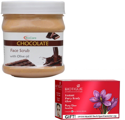 

Biocare CHOCOLATE SCRUB 500GM WITH BIOTIQUE PARTY GLOW FACIAL KIT 65GM(Set of 2)
