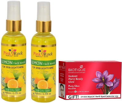 

Pink Root LEMON FACE WASH 2 PCS WITH BIOTIQUE PARTY GLOW FACIAL KIT 65GM(Set of 3)