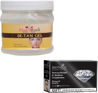 

Pink Root DE-TAN GEL 400GM WITH BIOTIQUE DIAMOND FACIAL KIT 65GM(Set of 2)