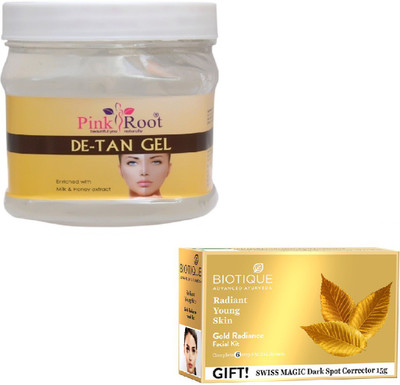 

Pink Root DE-TAN GEL 400GM WITH GOLD RADIANCE FACIAL KIT 65GM(Set of 2)